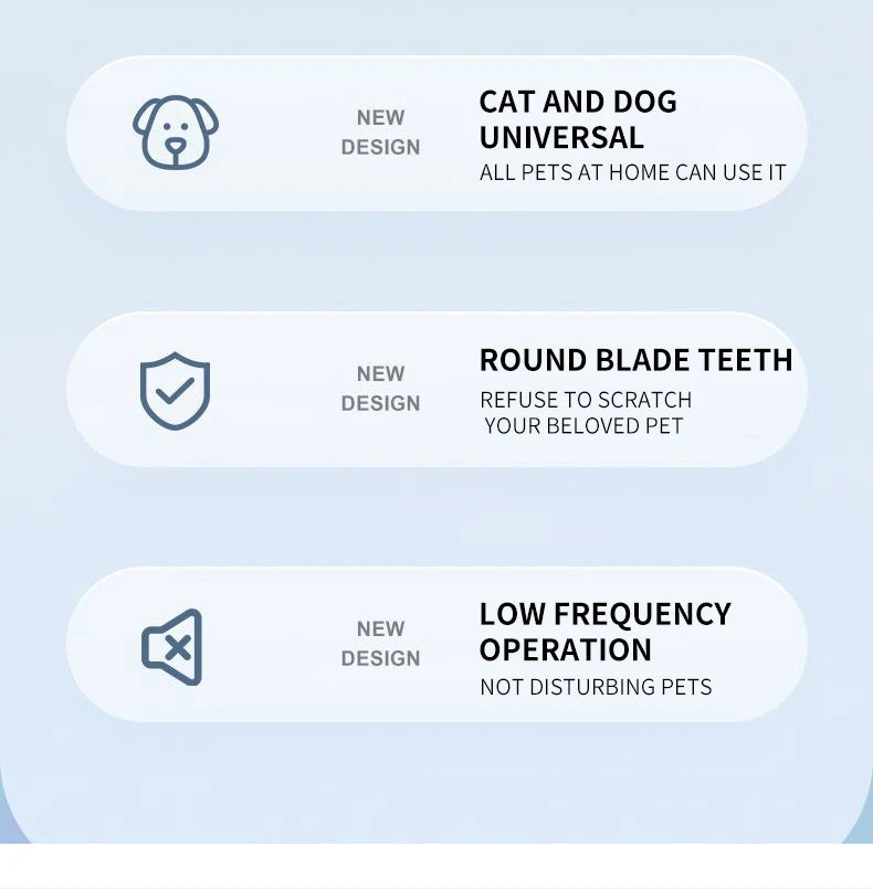 Pet electric groomer trimmer feature icons, cat and dog universal design