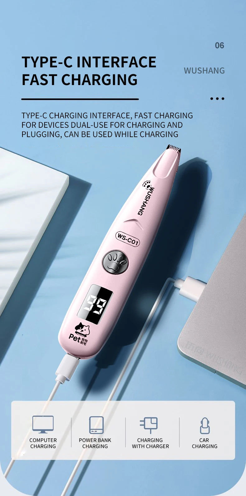 Pink and white Type-C rechargeable electric pet grooming trimmer with charging indicator
