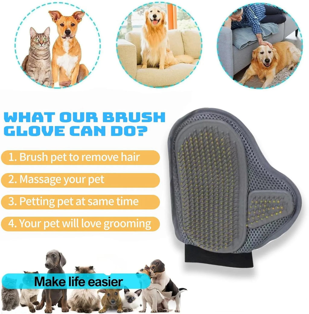 Grey pet grooming mitt with rounded bristle pad and adjustable wrist strap