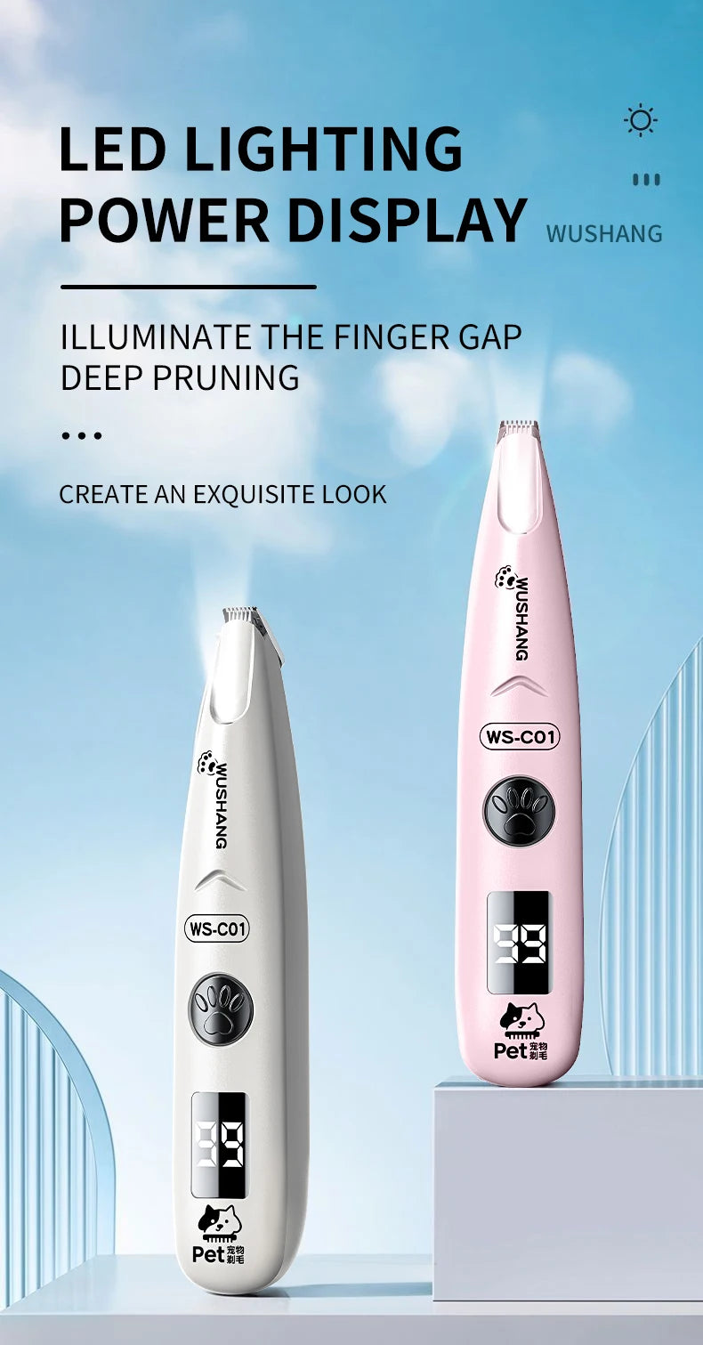 Pet electric grooming trimmer with LED light, white and pink versions
