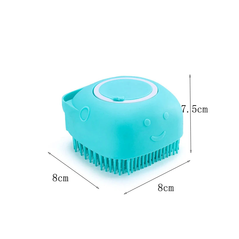 Teal pet bath massage glove with circular top cap and rubber bristle underside