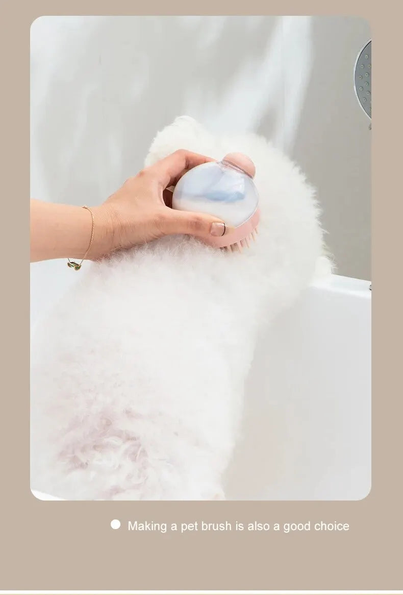 White pet bath brush with soft bristles and blue shampoo dispenser cap