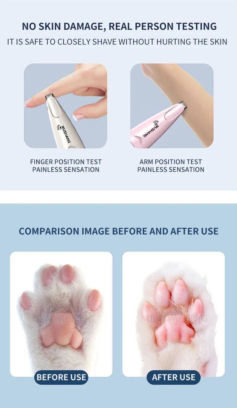 Pet electric groomer trimmer with LED, before-and-after paw grooming results