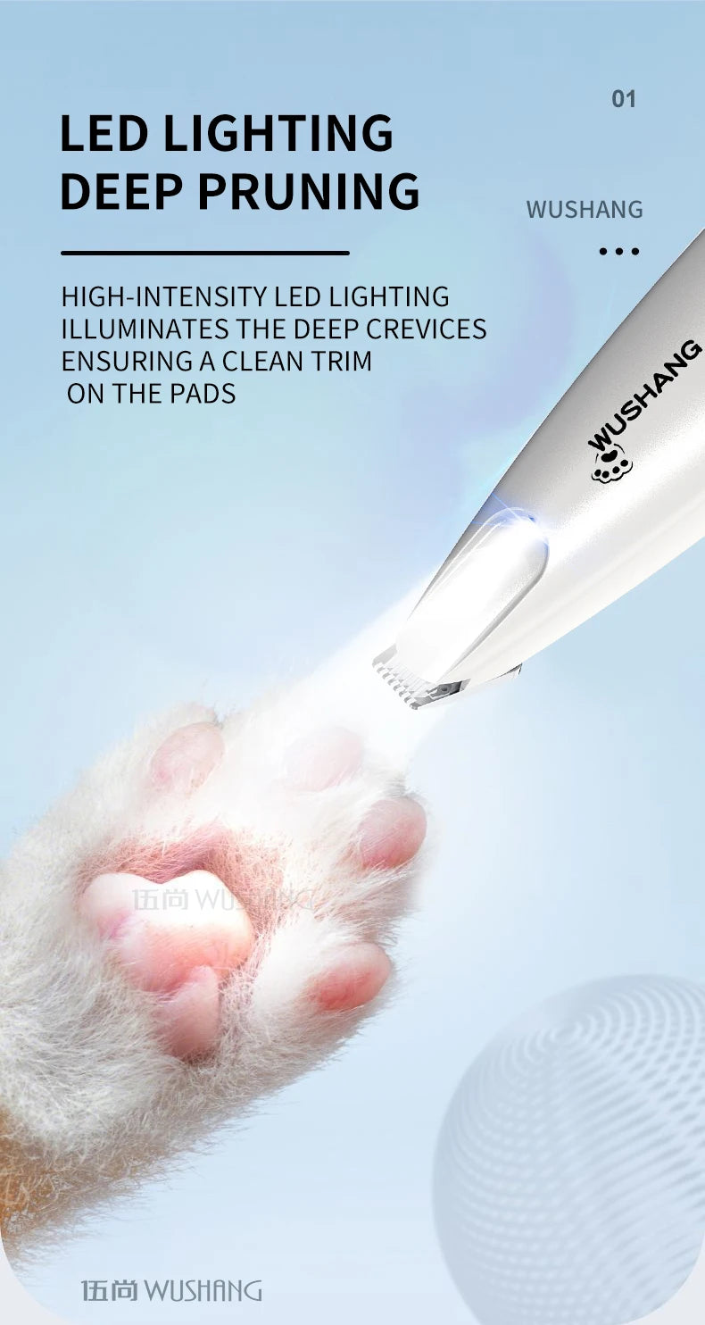 White electric pet grooming trimmer with LED light, angled tip for paw trimming