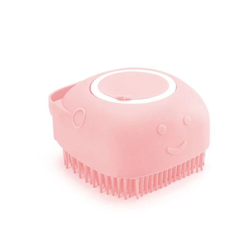 Pink pet bath massage glove with circular top cap and rubber bristle massage tips