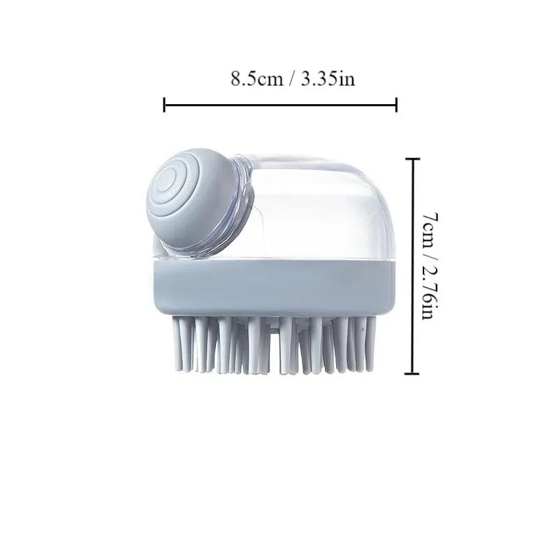 Grey pet bath brush with transparent dispenser and soft bristle base