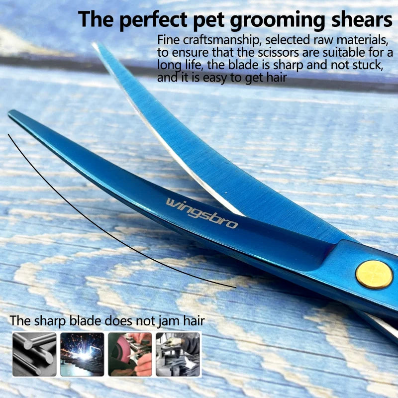 Blue curved pet grooming scissors with sharp blades shown in close-up