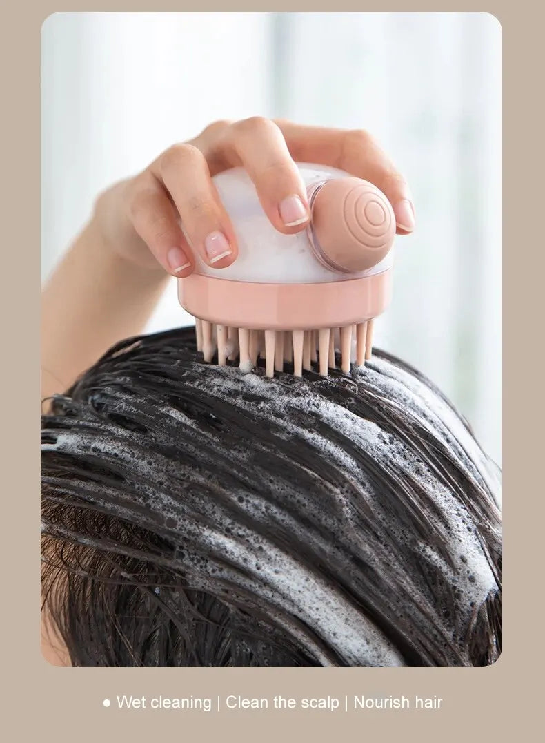 Pink silicone pet bath brush with soft bristles and scalp massage head