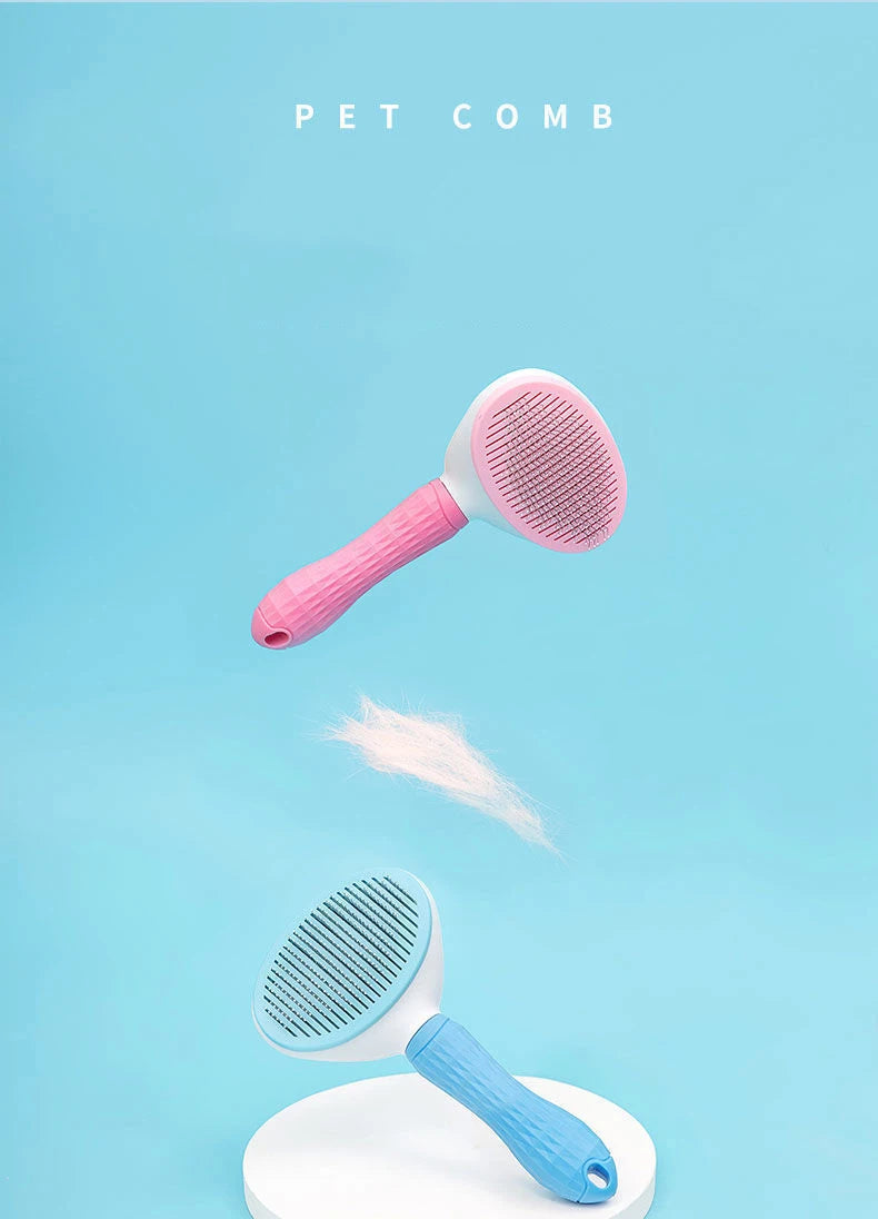 Pink and blue pet comb grooming brushes, round pin heads with long handles