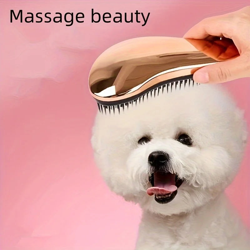 Pet grooming brush with curved handle, long black teeth, tan/gold body.