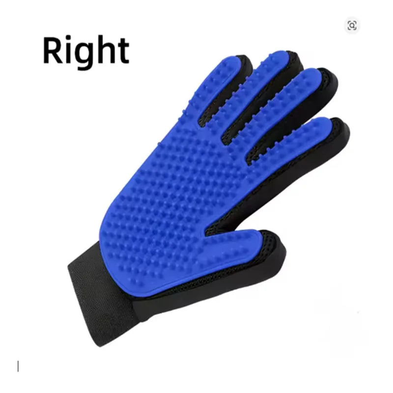 Blue silicone grooming glove with black wrist strap and massage nubs