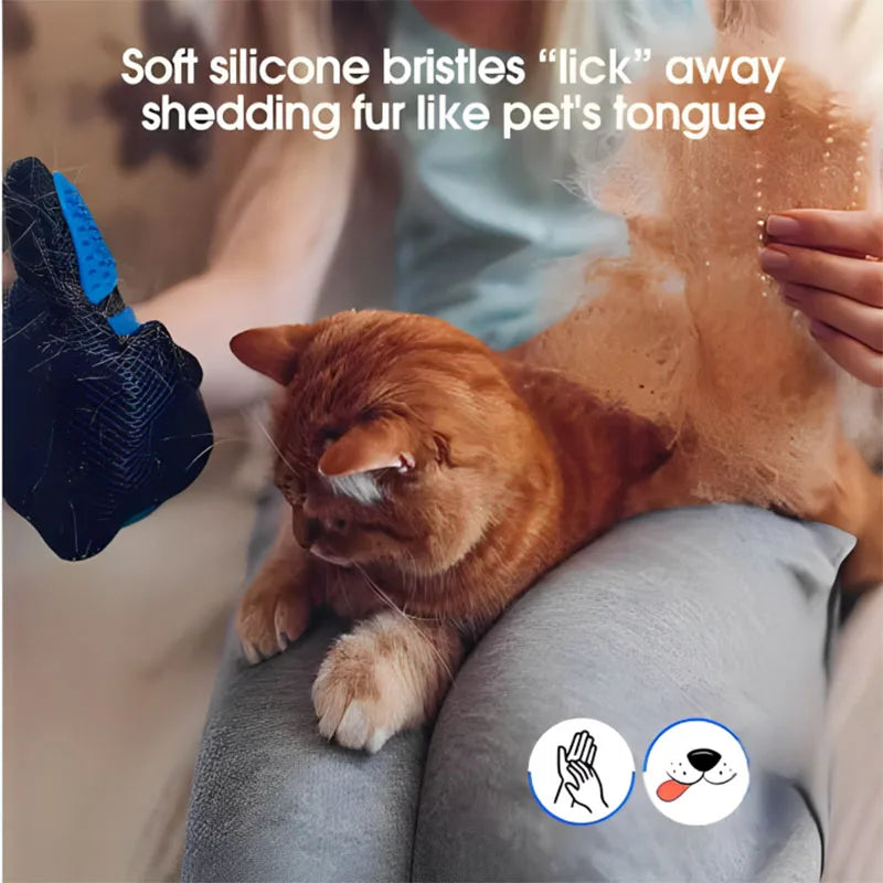 Blue silicone grooming glove with textured bristles on a pet grooming hand