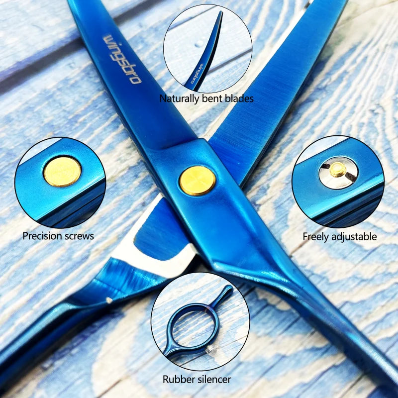Blue curved pet grooming scissors showing precision screws and rubber silencer