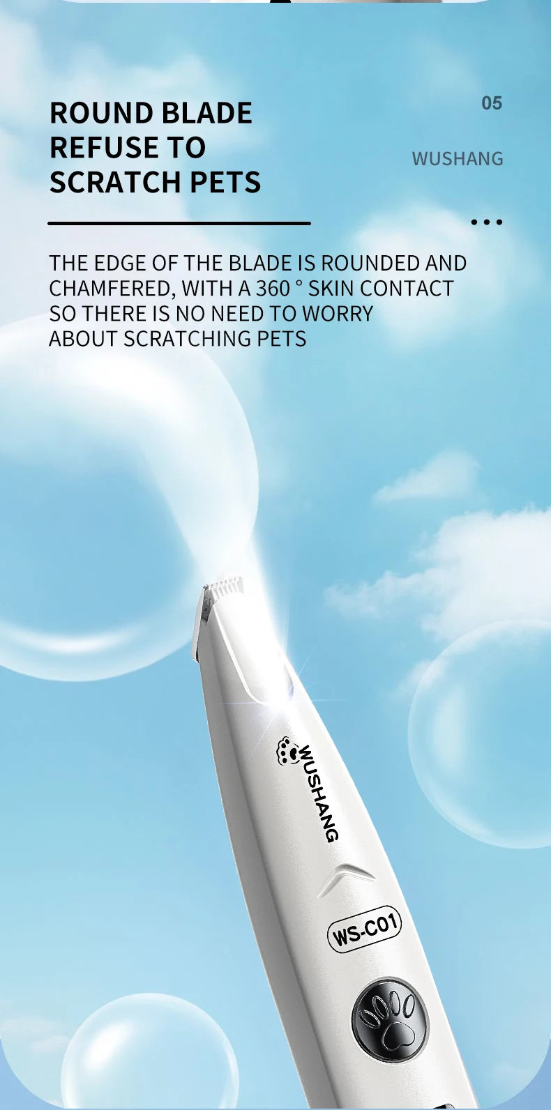 White electric pet grooming trimmer with rounded blade tip for gentle trimming