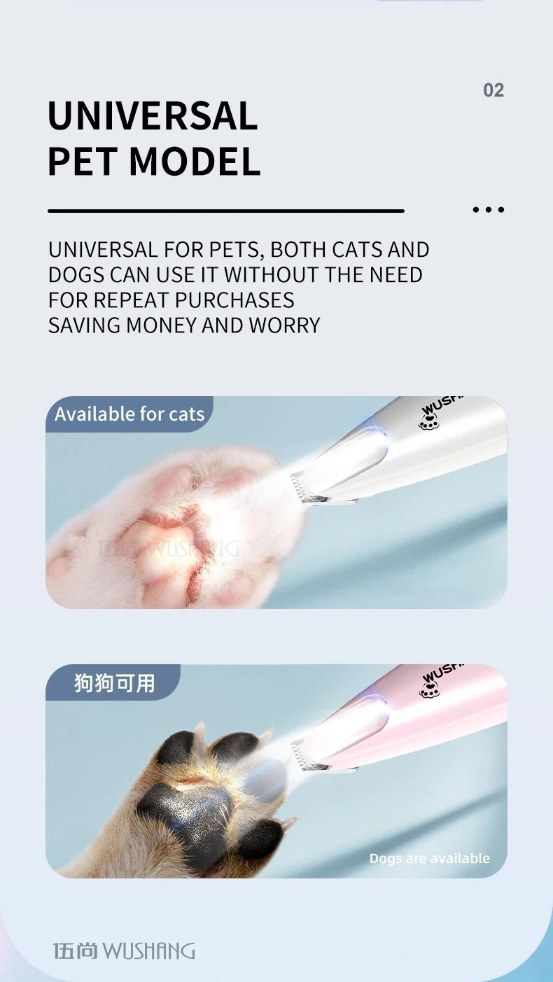 White and pink electric pet grooming trimmer, shown trimming a pet