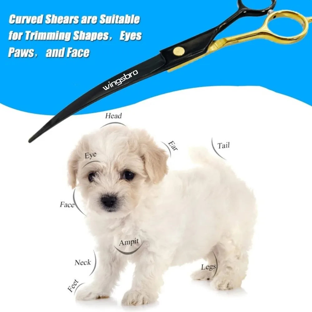 Curved pet grooming scissors above a dog trimming zone diagram