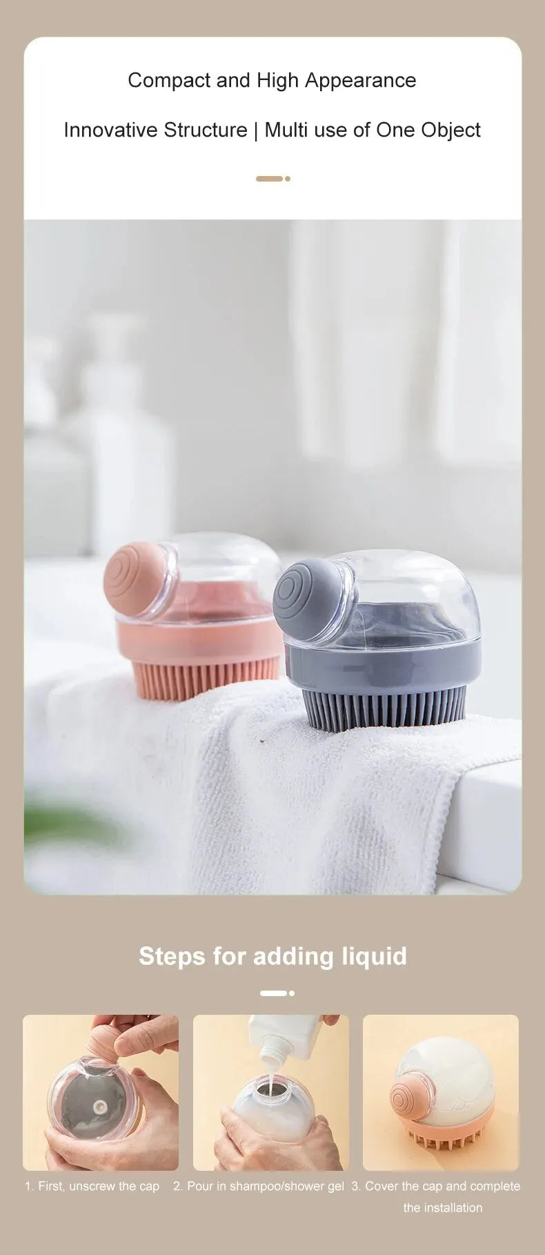 Pet bath brush set with pink and grey silicone dispensers and bristle heads