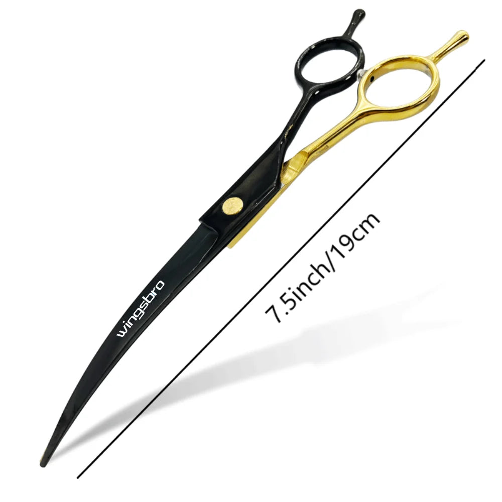 Curved pet grooming scissors, black and gold, length marked 7.5 in