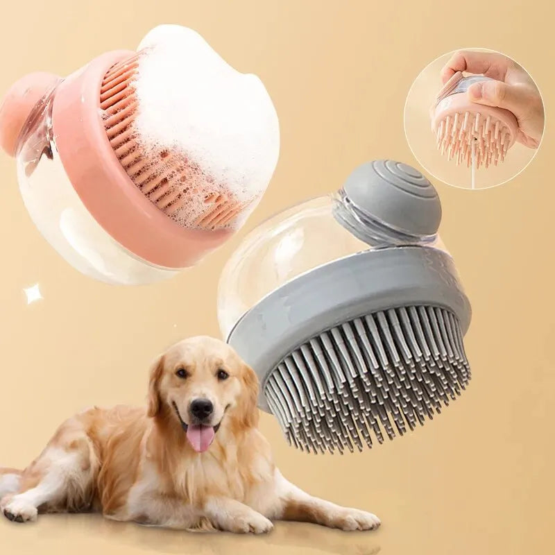 Pink silicone pet bath brush with dense massage nubs and bottle-shaped handle