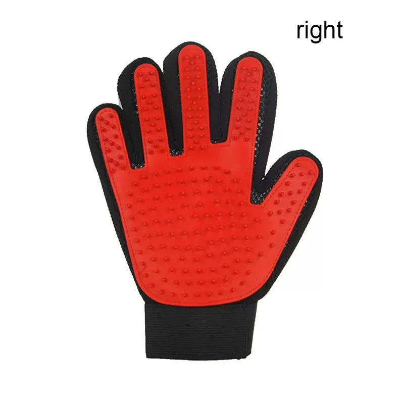 Red silicone grooming glove with black wrist strap and massage nubs