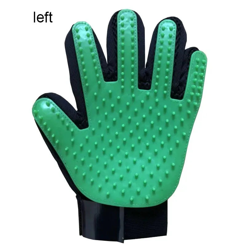 Green silicone grooming glove with black wrist strap and massage nubs