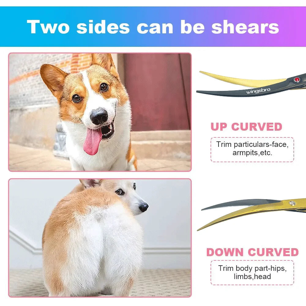 Curved pet grooming scissors showing up-curved and down-curved blades