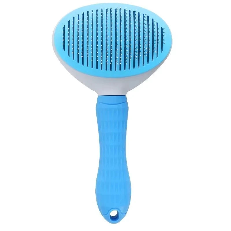 Blue slicker hair removal brush with rounded pin head and molded grip handle
