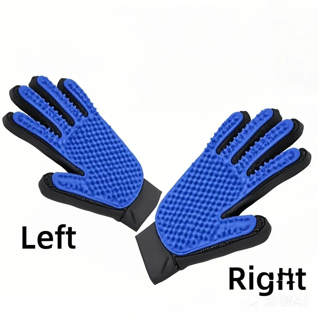 Pair of blue silicone grooming gloves with black wrist straps and massage nubs
