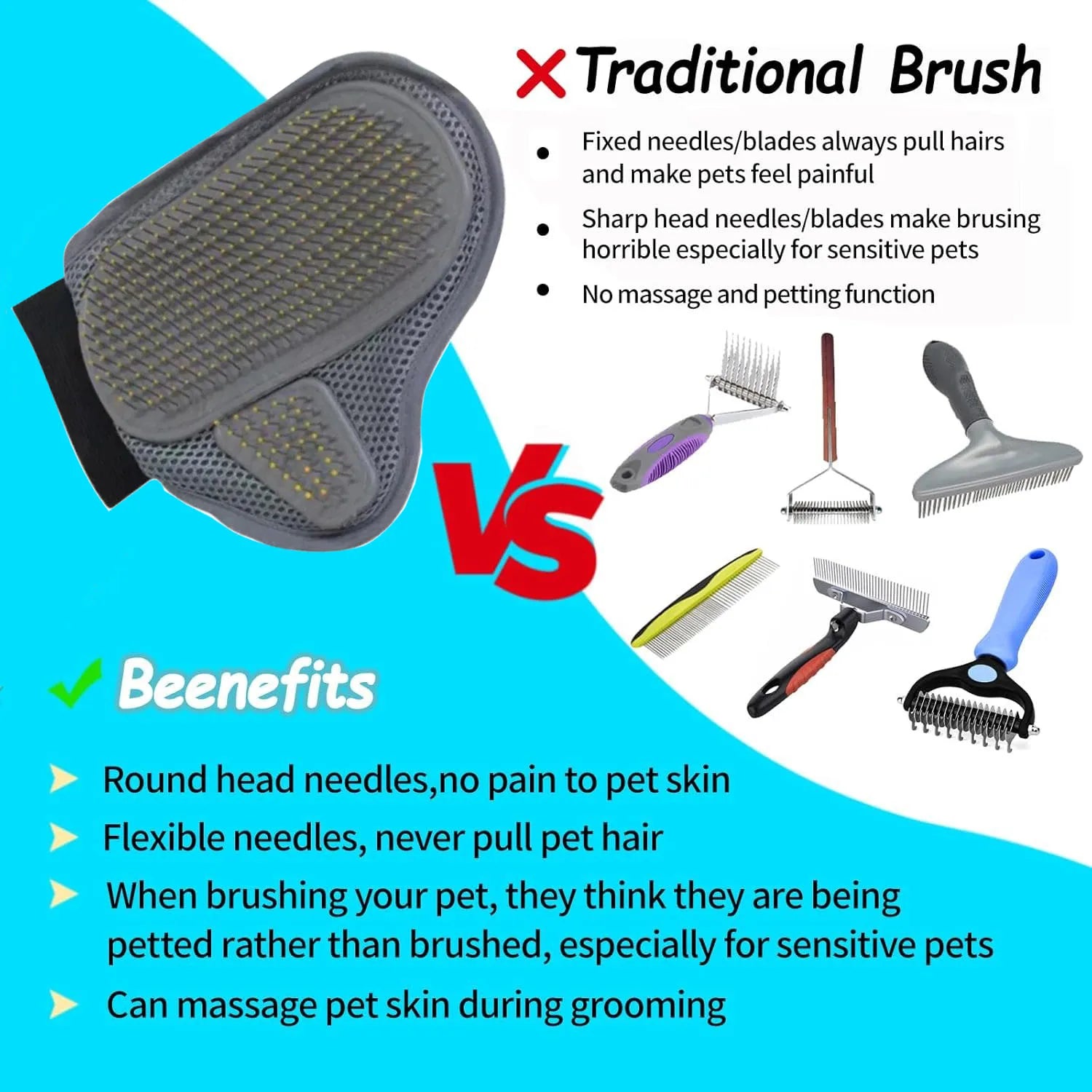 Grey pet grooming mitt with soft mesh backing and needle bristle massage surface