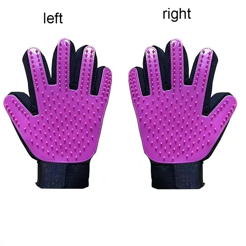 Purple silicone grooming glove pair with black wrist straps and massage nubs