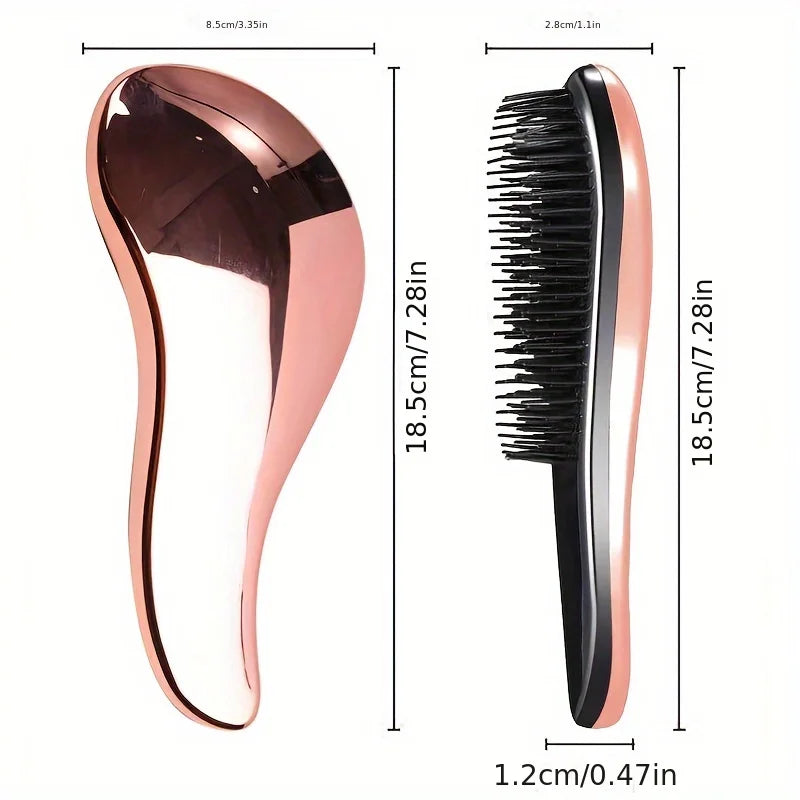 Pet grooming brush with rose-gold frame and black comb teeth, oval shape.