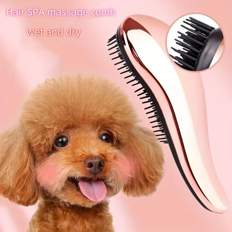Pet hair grooming comb with rose-gold handle and black massage teeth, oval head.