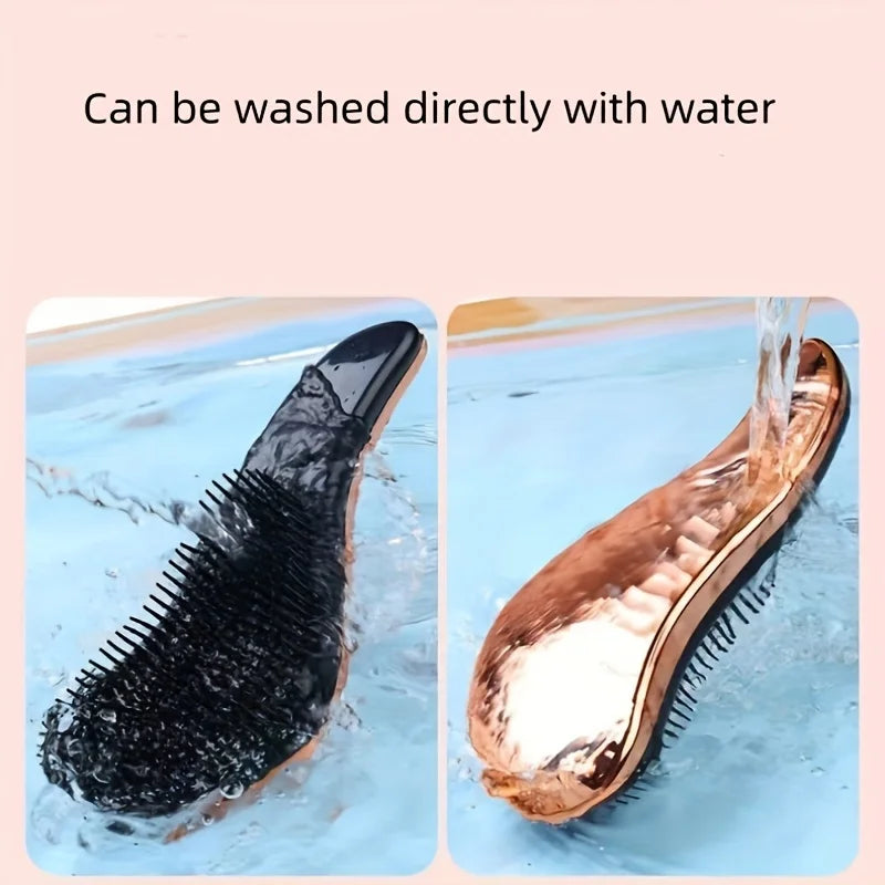 Pet grooming brush shown in water with black bristle head and rose-gold frame.