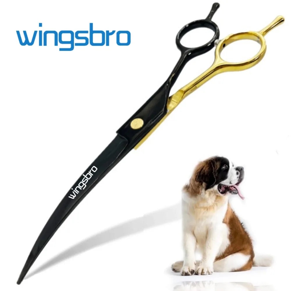 Curved pet grooming scissors with black handle and gold finger rings