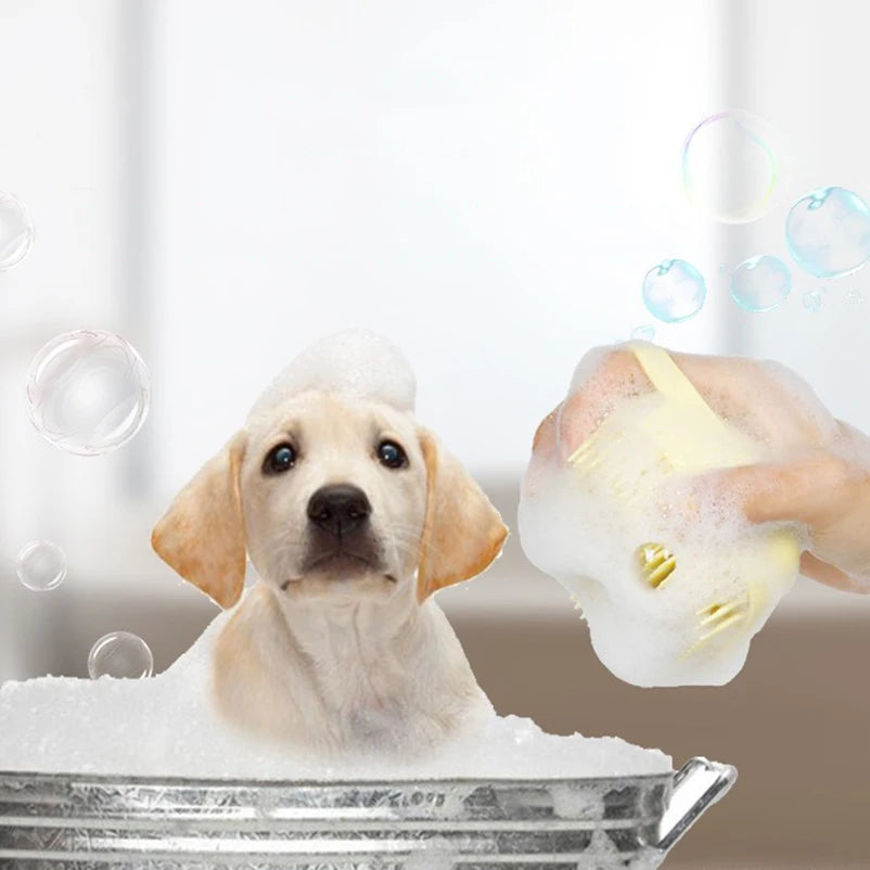 Cream pet bath massage glove with circular top cap and short rubber bristles