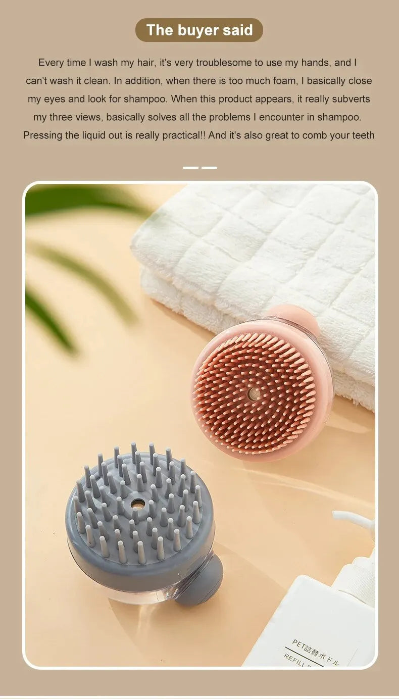Pink and grey pet bath brush heads beside a folded towel and bottle