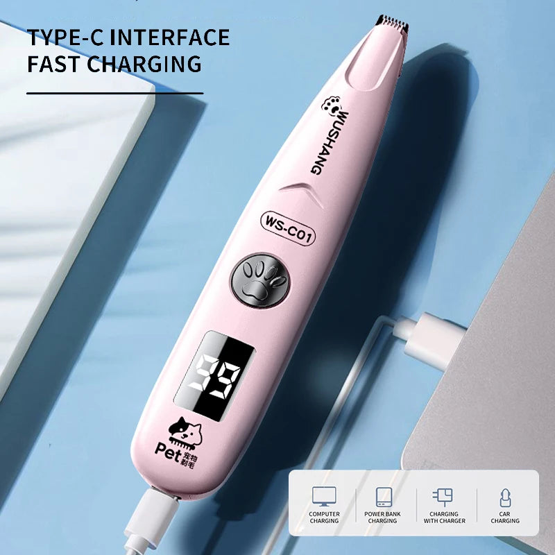 Pet electric grooming trimmer with LED light, pink body, power display
