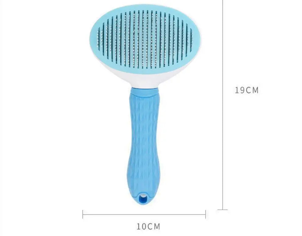 Pet grooming brush size diagram, blue and white handle with metal-pin head
