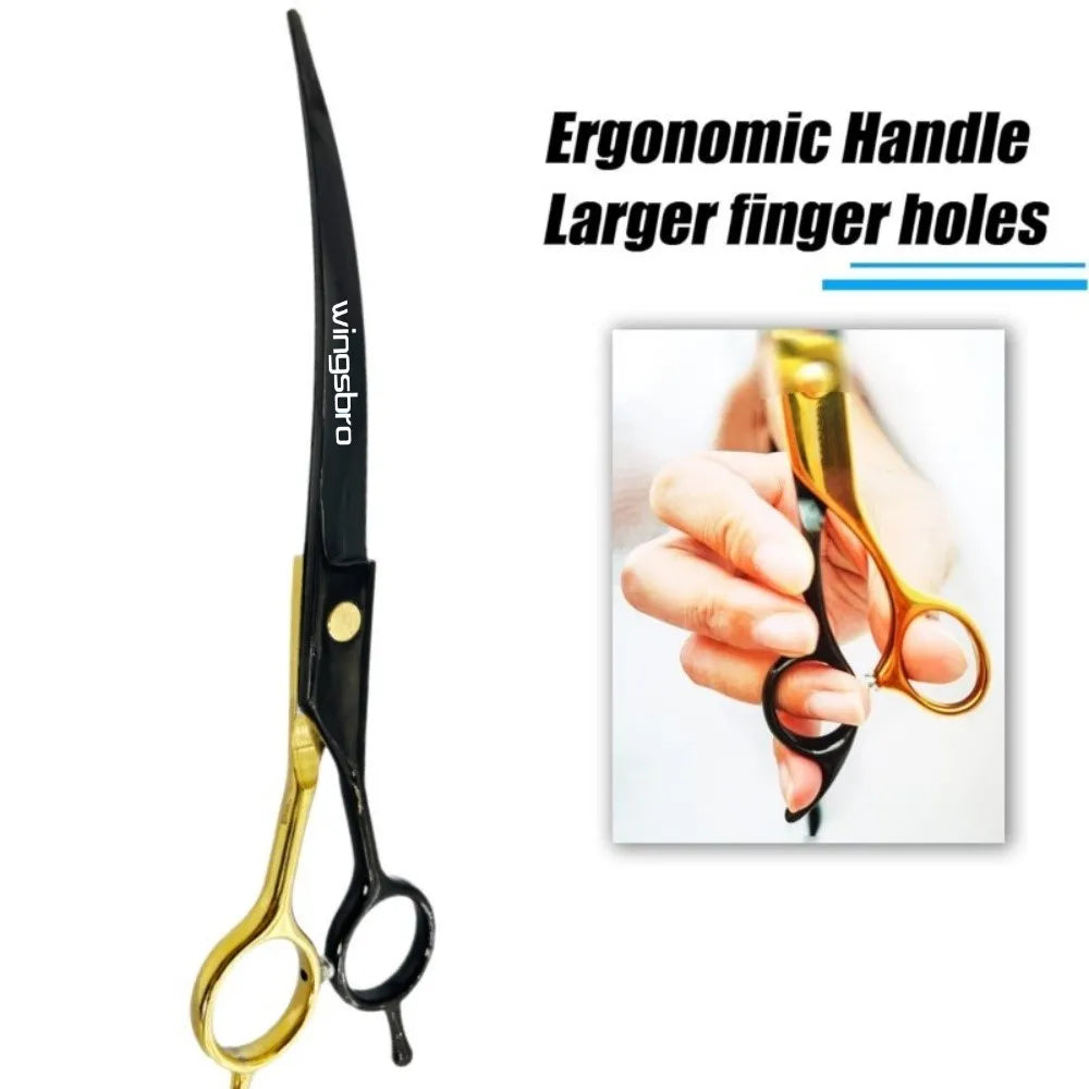 Curved pet grooming scissors with ergonomic handle and larger finger holes
