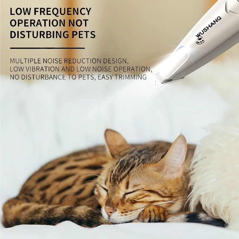 Pet electric groomer trimmer with LED light, white body, grooming on fur