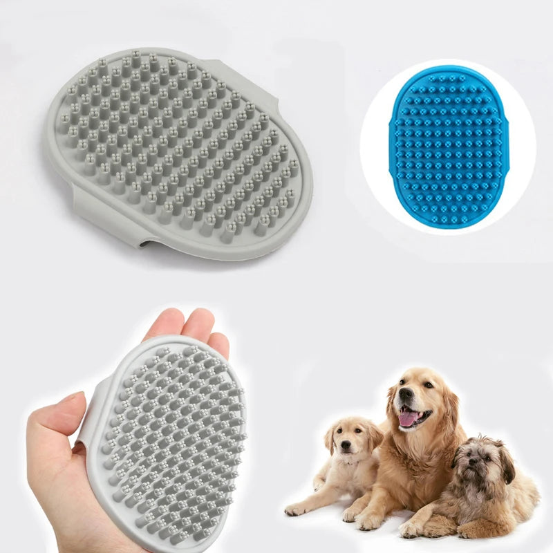 Light gray rubber pet bath brush with oval textured head and blue spare head