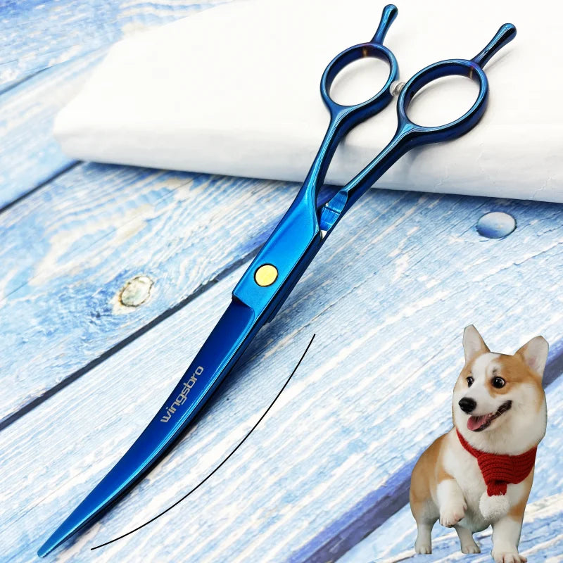 Blue curved pet grooming scissors with gold accents and matching finger rings