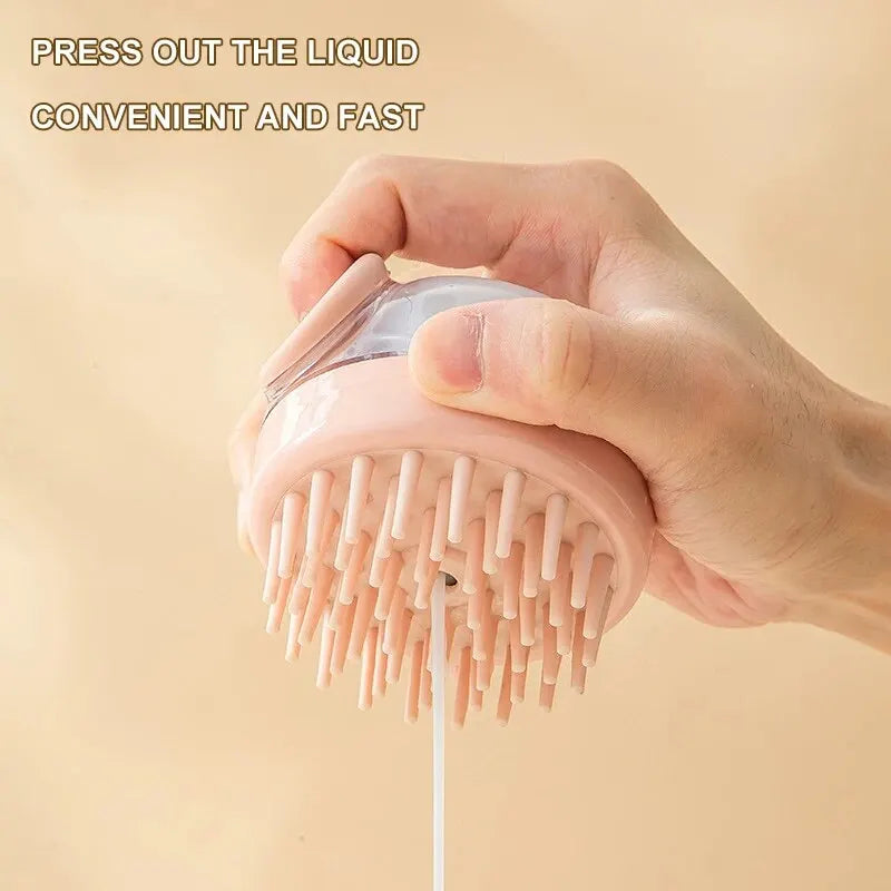 Pink silicone massage pet brush head squeezing out liquid for faster dispensing