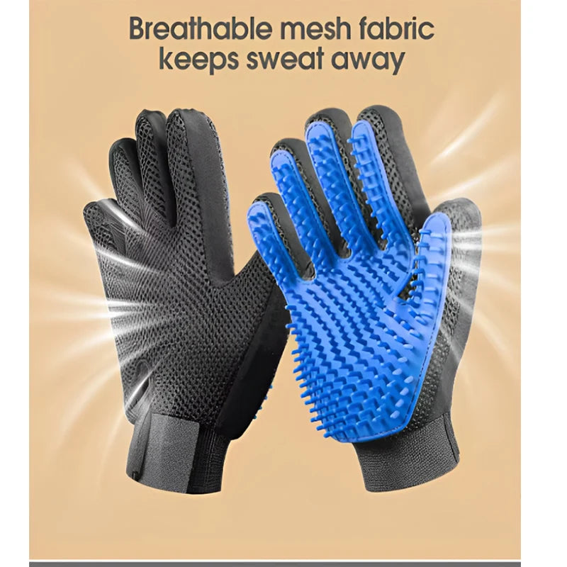 Blue and black silicone pet grooming gloves with breathable mesh backs
