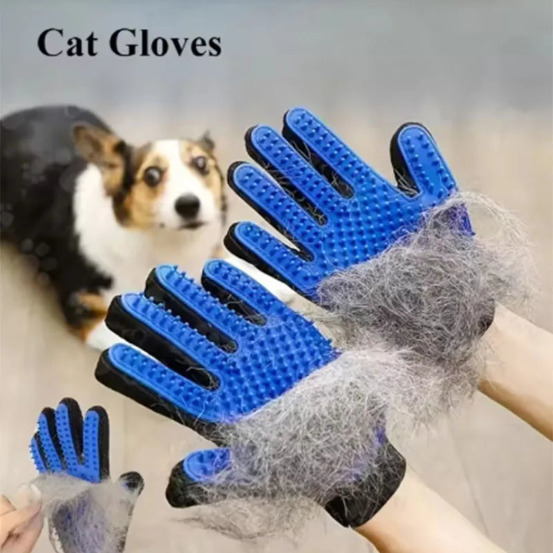 Blue silicone deshedding glove with textured bristles and shed fur on fingers