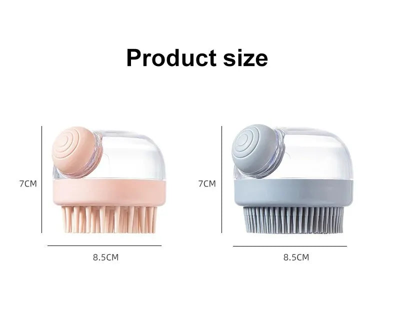 Pet bath brush size view with pink and grey dispenser heads