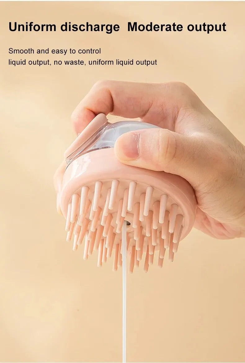 Pink silicone brush head in hand with steady liquid flow from the bottle