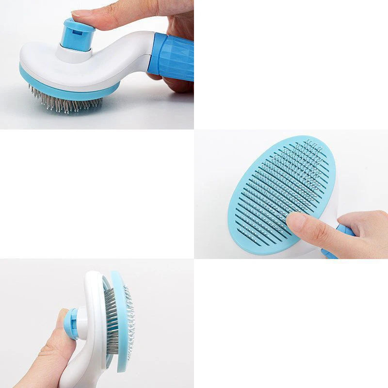 Pet grooming brush with round blue head and metal pins, shown in multiple angles