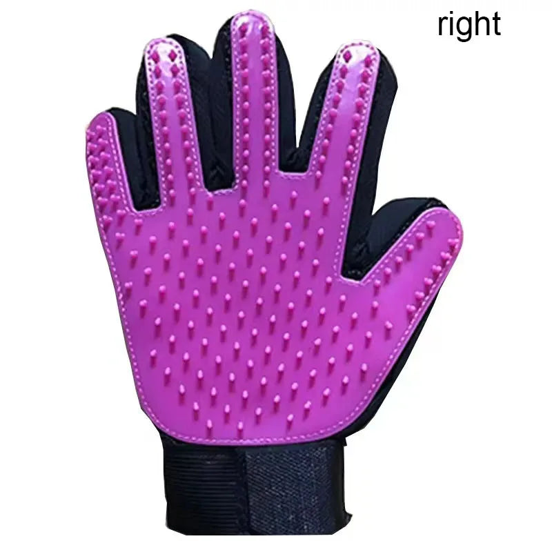 Purple silicone grooming glove with black wrist strap and massage nubs