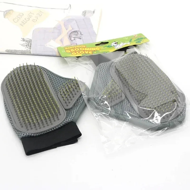 Set of grey pet grooming mitts with needle bristle pads and black wrist straps